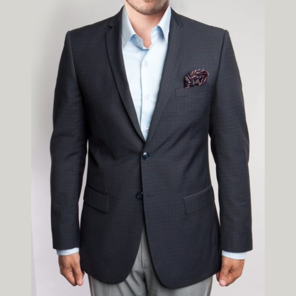 Plaid on Black Mens Sport Coat Slim-Fit Blazer, Orange and Blue